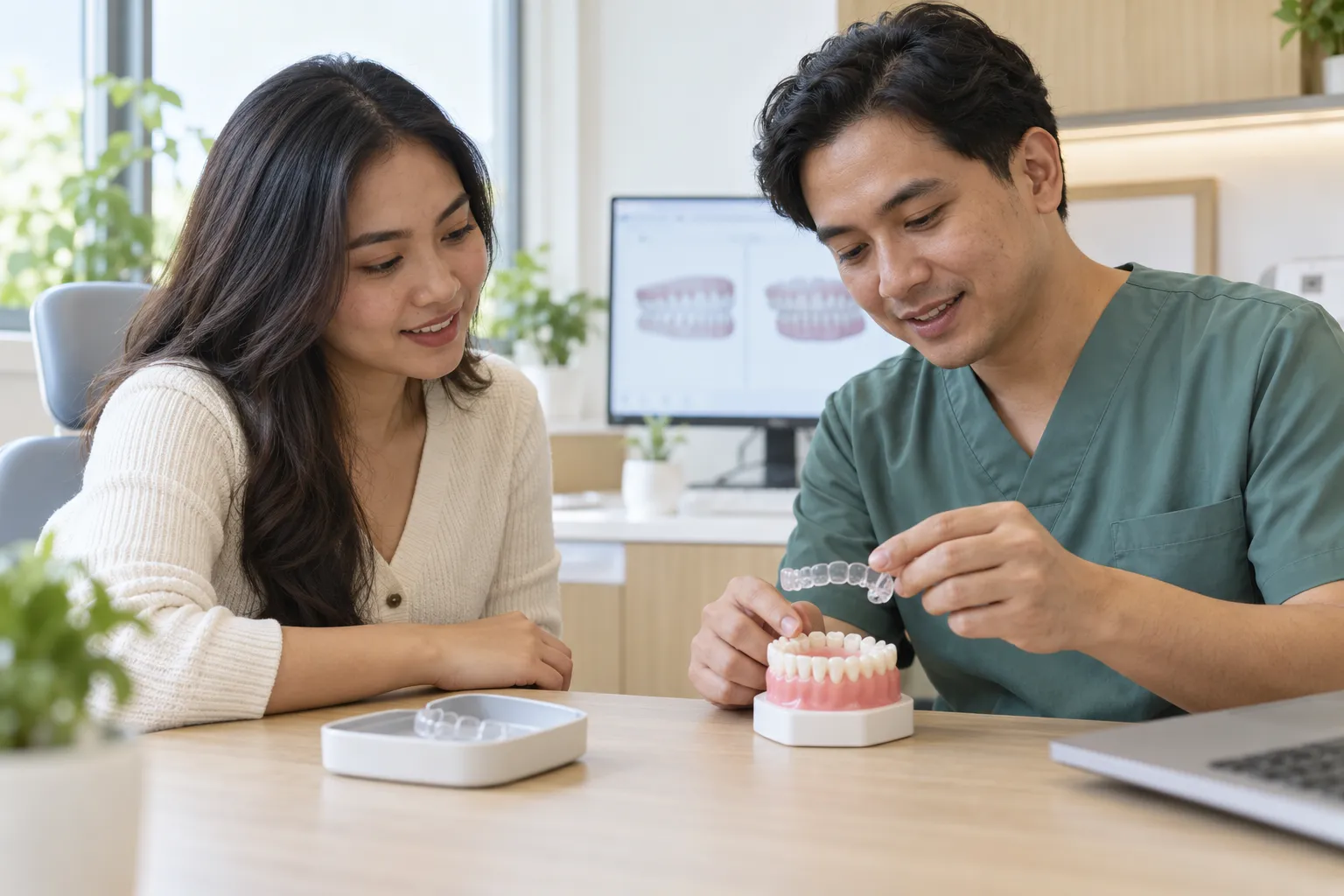 Ilustrasi dokter memperlihatkan clear aligner dan model gigi saat berkonsultasi dengan pasien.