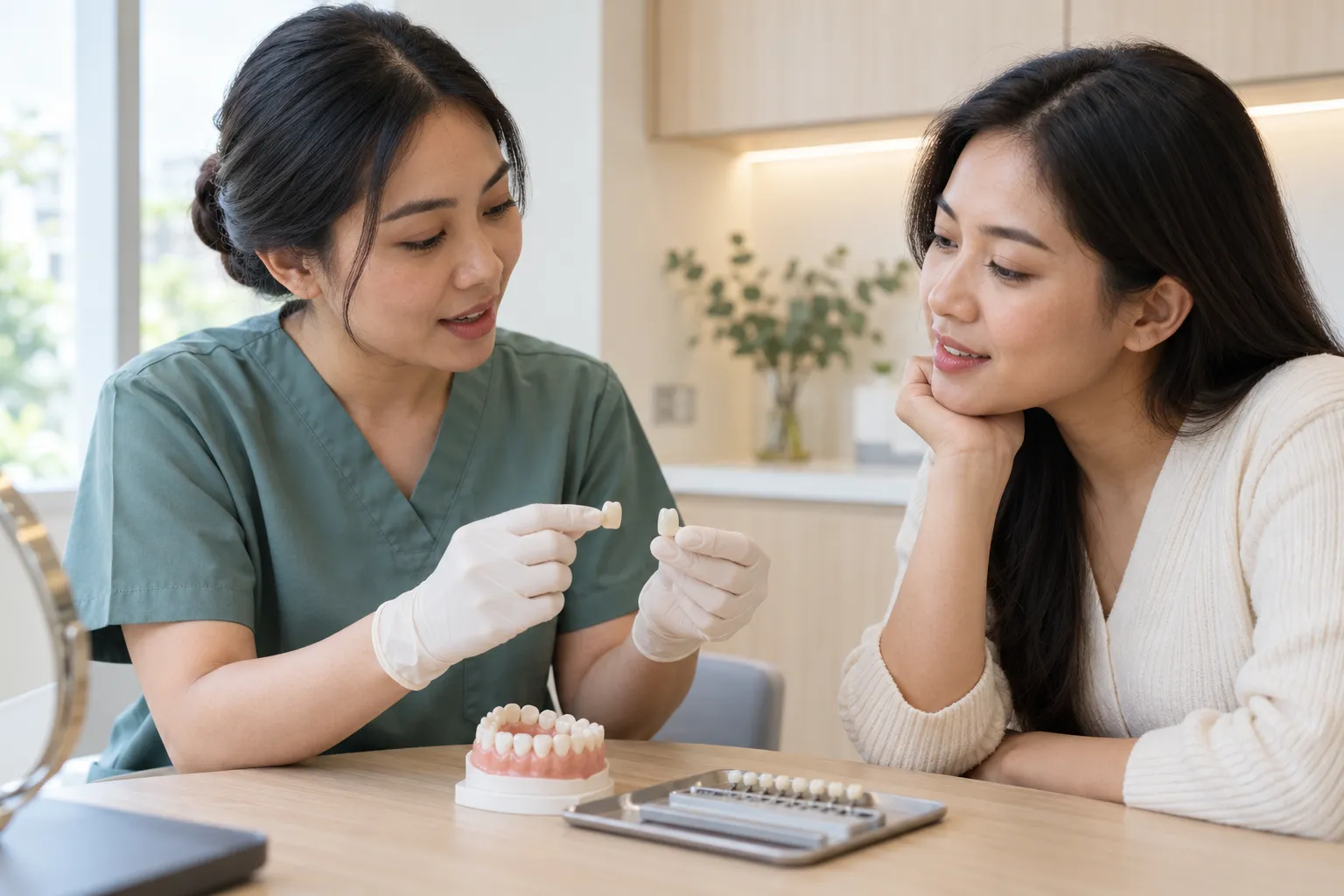 Ilustrasi dokter memperlihatkan contoh restorasi keramik saat membahas bentuk dan warna gigi dengan pasien.