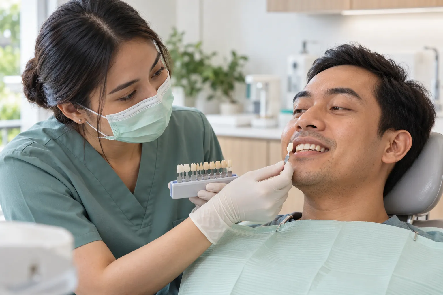 Ilustrasi dokter membandingkan warna gigi pasien dengan panduan warna sebelum perawatan whitening.